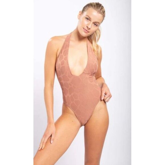 Monob Halter V-Neck Brown Giraffe Print One-Piece Swimsuit Nylon/Spandex Nude L - Picture 11 of 12